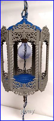 Vintage MCM Brass Hanging Swag Light Fixture 6 amber textured Panels GIM Gothic