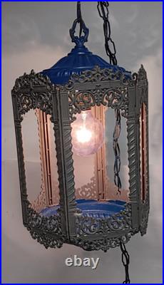 Vintage MCM Brass Hanging Swag Light Fixture 6 amber textured Panels GIM Gothic