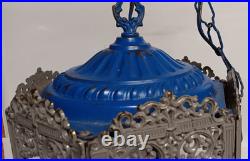Vintage MCM Brass Hanging Swag Light Fixture 6 amber textured Panels GIM Gothic