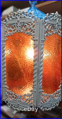Vintage MCM Brass Hanging Swag Light Fixture 6 amber textured Panels GIM Gothic