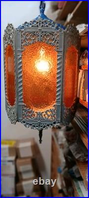 Vintage MCM Brass Hanging Swag Light Fixture 6 amber textured Panels GIM Gothic