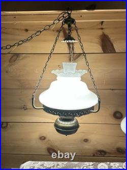 Vintage MCM Brass-plated Swag Lamp With Milk Glass Shade-Rewired Socket