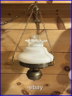 Vintage MCM Brass-plated Swag Lamp With Milk Glass Shade-Rewired Socket