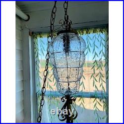 Vintage MCM Clear Blown Glass Caged Style Swag/Hanging Lamp/light