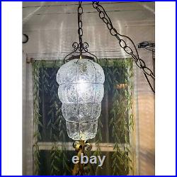 Vintage MCM Clear Blown Glass Caged Style Swag/Hanging Lamp/light