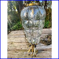 Vintage MCM Clear Blown Glass Caged Style Swag/Hanging Lamp/light
