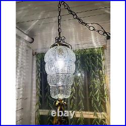 Vintage MCM Clear Blown Glass Caged Style Swag/Hanging Lamp/light