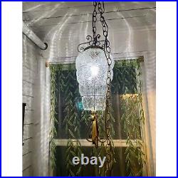 Vintage MCM Clear Blown Glass Caged Style Swag/Hanging Lamp/light