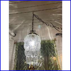 Vintage MCM Clear Blown Glass Caged Style Swag/Hanging Lamp/light