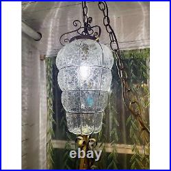 Vintage MCM Clear Blown Glass Caged Style Swag/Hanging Lamp/light
