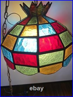 Vintage MCM Colorful Stain Lucite Swag Lamp Tiffany Style Pub Lamp 16