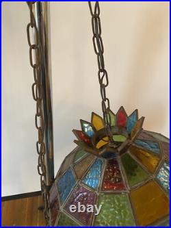 Vintage MCM Colorful Stain Lucite Swag Lamp Tiffany Style Pub Lamp 16