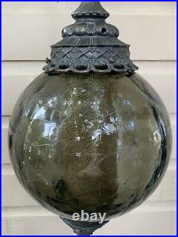 Vintage MCM Crackle Blue Green Glass Hanging Swag Lamp