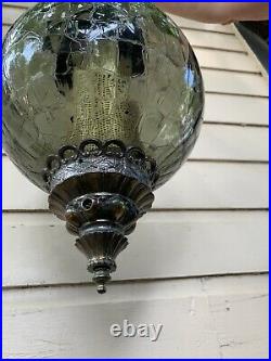 Vintage MCM Crackle Blue Green Glass Hanging Swag Lamp