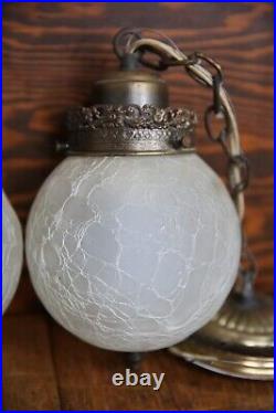 Vintage MCM Crackle Glass Swag Light Lamp Hanging Pendant Frosted White pair 2