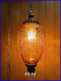 Vintage MCM FALKENSTEIN Swag Lamp Hollywood Regency Amber Crackle Glass Oval