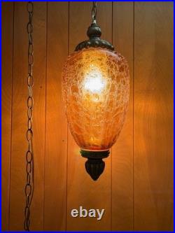 Vintage MCM FALKENSTEIN Swag Lamp Hollywood Regency Amber Crackle Glass Oval