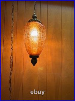 Vintage MCM FALKENSTEIN Swag Lamp Hollywood Regency Amber Crackle Glass Oval