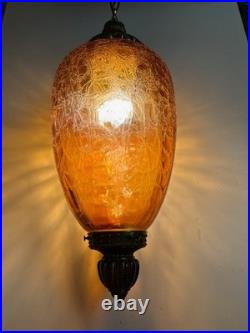 Vintage MCM FALKENSTEIN Swag Lamp Hollywood Regency Amber Crackle Glass Oval