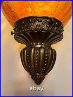 Vintage MCM FALKENSTEIN Swag Lamp Hollywood Regency Amber Crackle Glass Oval