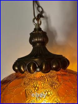 Vintage MCM FALKENSTEIN Swag Lamp Hollywood Regency Amber Crackle Glass Oval