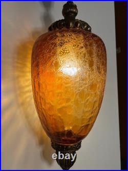 Vintage MCM FALKENSTEIN Swag Lamp Hollywood Regency Amber Crackle Glass Oval