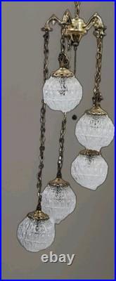 Vintage MCM Globe Glass Swag Lamp Hanging Fixture Bronze Hollywood Regency