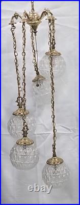Vintage MCM Globe Glass Swag Lamp Hanging Fixture Bronze Hollywood Regency