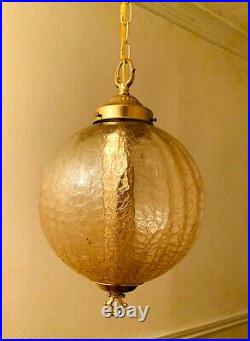 Vintage MCM Gold Optic Crackle Glass Hanging Light Swag Lamp 12W Globe Diffuser