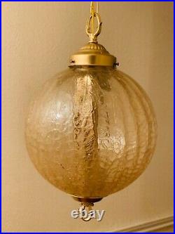Vintage MCM Gold Optic Crackle Glass Hanging Light Swag Lamp 12W Globe Diffuser
