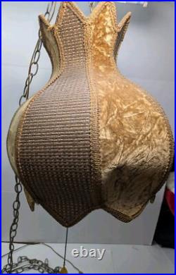 Vintage MCM Gold Tulip Wicker Crushed Velvet Swag Lamp Hanging Chain Works! 17