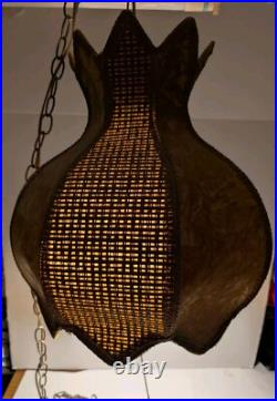 Vintage MCM Gold Tulip Wicker Crushed Velvet Swag Lamp Hanging Chain Works! 17