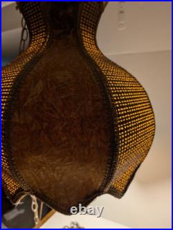 Vintage MCM Gold Tulip Wicker Crushed Velvet Swag Lamp Hanging Chain Works! 17