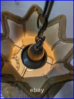 Vintage MCM Gold Tulip Wicker Crushed Velvet Swag Lamp Hanging Chain Works! 17