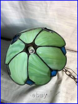 Vintage MCM Green Slag Glass with Blue Stained Glass Hanging Lamp Works