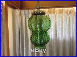 Vintage MCM Green Swag Lamp Hanging Light Glass Retro Fixture Hollywood Regency