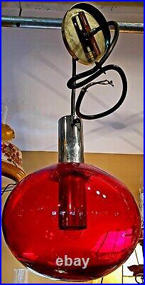 Vintage MCM Hand Blown Red Glass Globe Pendant Lamp, With Stainless Insert