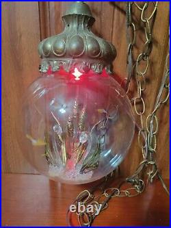 Vintage MCM Handmade Blown Glass Swan Globe Lamp Hanging Light Brass Chain