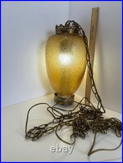 Vintage MCM Hanging Amber Swag Lamp Optical Crackle Glass withBrass Design