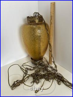 Vintage MCM Hanging Amber Swag Lamp Optical Crackle Glass withBrass Design