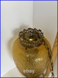 Vintage MCM Hanging Amber Swag Lamp Optical Crackle Glass withBrass Design