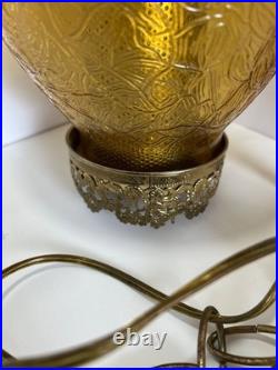 Vintage MCM Hanging Amber Swag Lamp Optical Crackle Glass withBrass Design