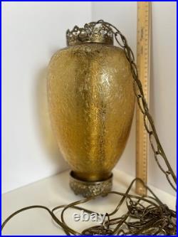 Vintage MCM Hanging Amber Swag Lamp Optical Crackle Glass withBrass Design