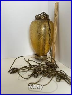 Vintage MCM Hanging Amber Swag Lamp Optical Crackle Glass withBrass Design