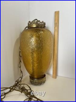 Vintage MCM Hanging Amber Swag Lamp Optical Crackle Glass withBrass Design