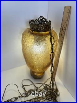 Vintage MCM Hanging Amber Swag Lamp Optical Crackle Glass withBrass Design