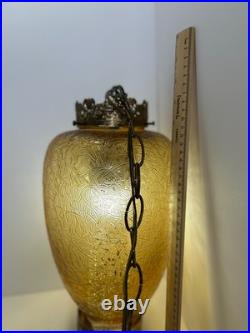 Vintage MCM Hanging Amber Swag Lamp Optical Crackle Glass withBrass Design