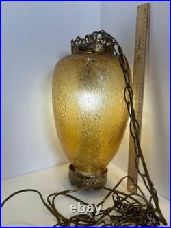Vintage MCM Hanging Amber Swag Lamp Optical Crackle Glass withBrass Design