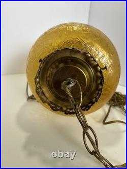 Vintage MCM Hanging Amber Swag Lamp Optical Crackle Glass withBrass Design