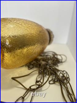 Vintage MCM Hanging Amber Swag Lamp Optical Crackle Glass withBrass Design